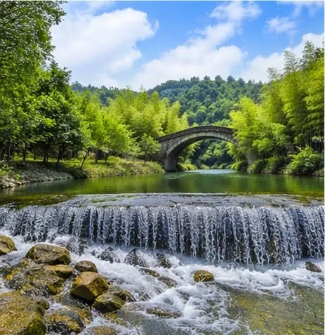 周瑜文化园拱桥与瀑布